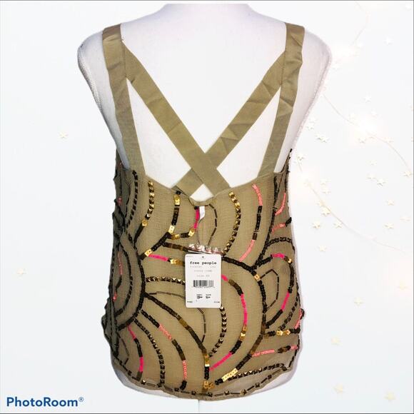 SALE! New Free People Tan Sequin Camisole Top XS - Picture 3 of 10